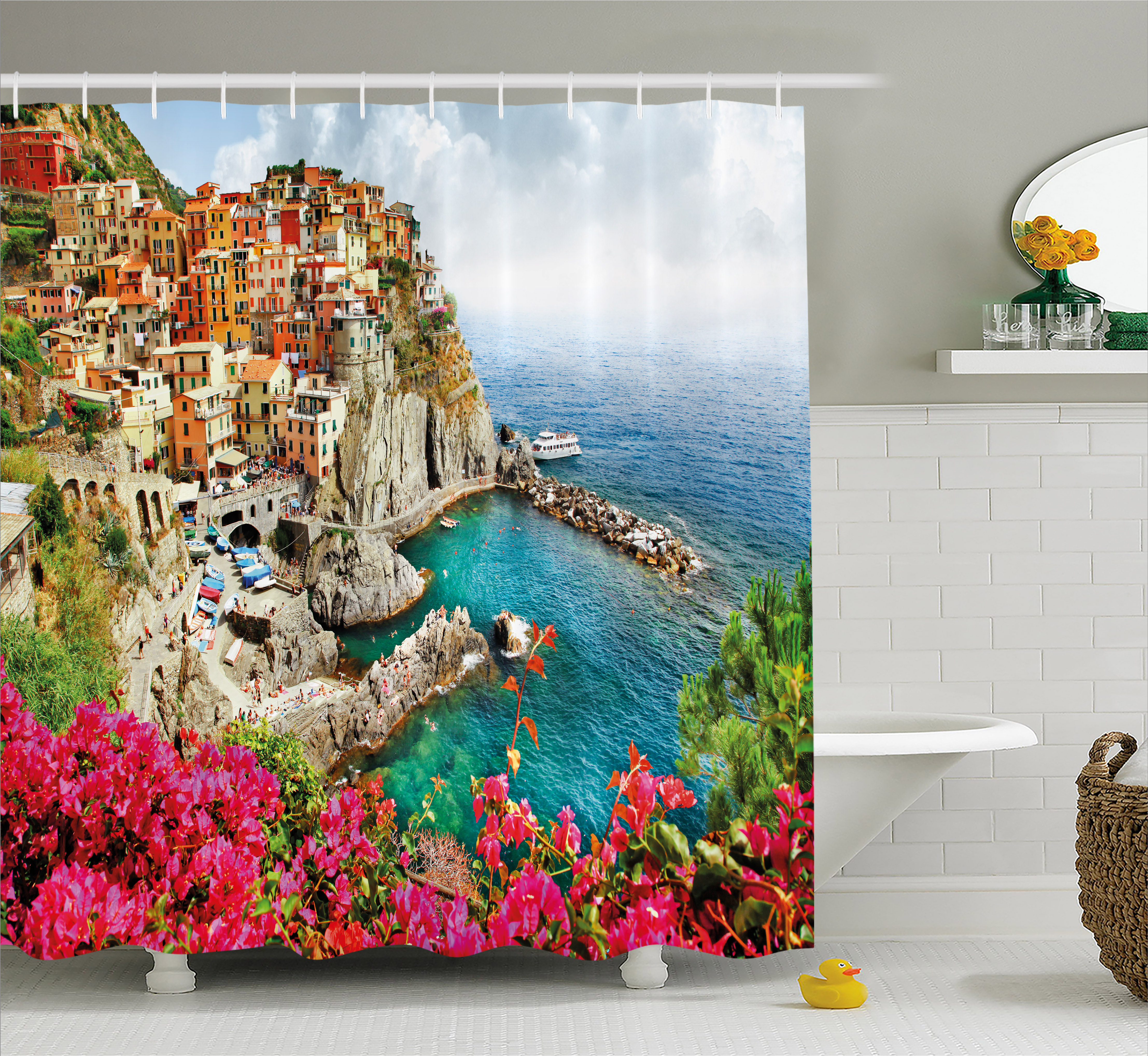 Italy Shower Curtain, Monarola Antique Village in Cinque Terre Coastal
