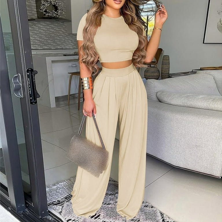 RQYYD Reduced Casual Summer 2 Piece Outfits for Women Short Sleeve Crop Top  High Waist Wide Leg Pants Sets Floral Pleated Plus Size Lounge Set Khaki