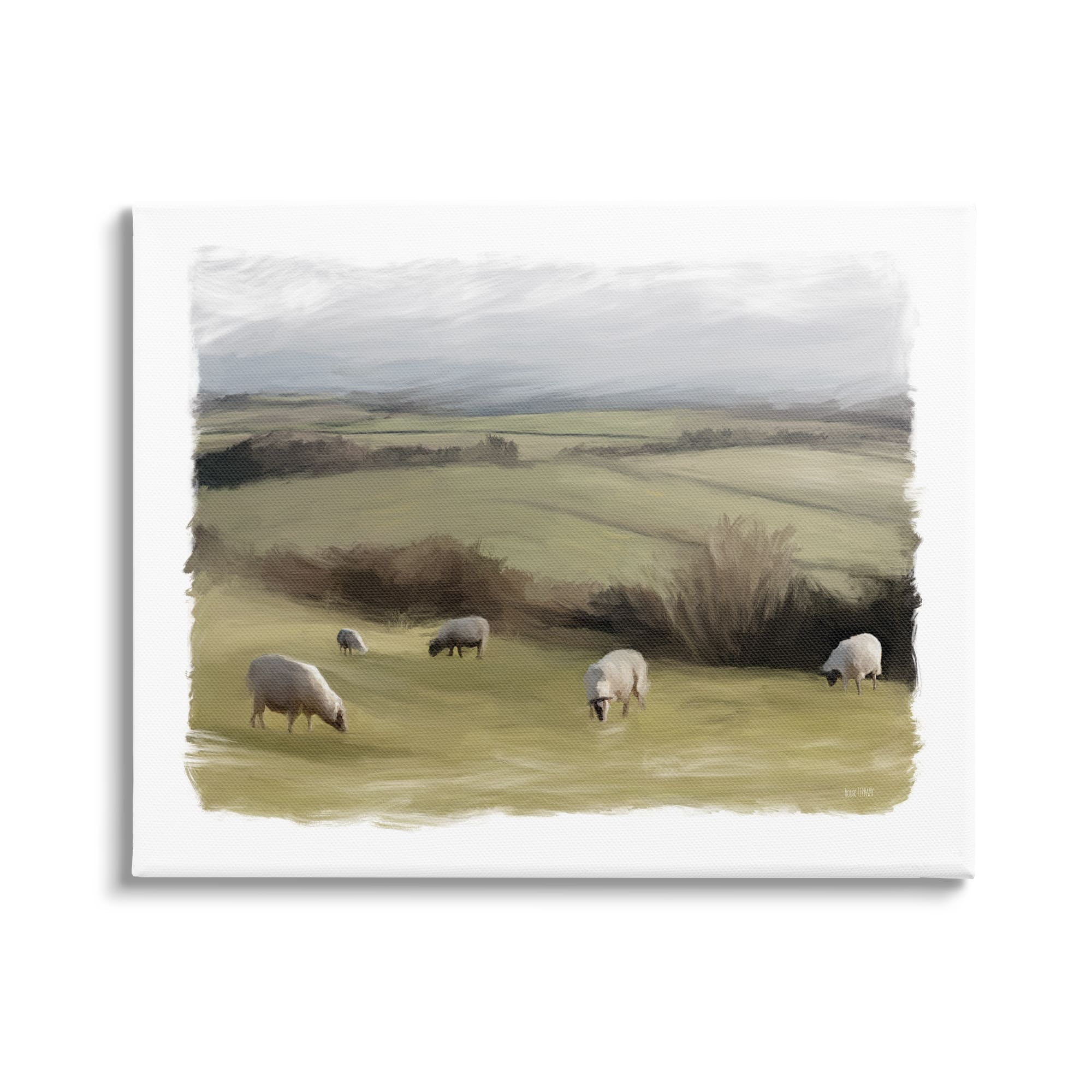 Stupell Grazing Sheep Herd Rural Fields Animals & Insects Painting Gallery Wrapped Canvas Print Wall Art