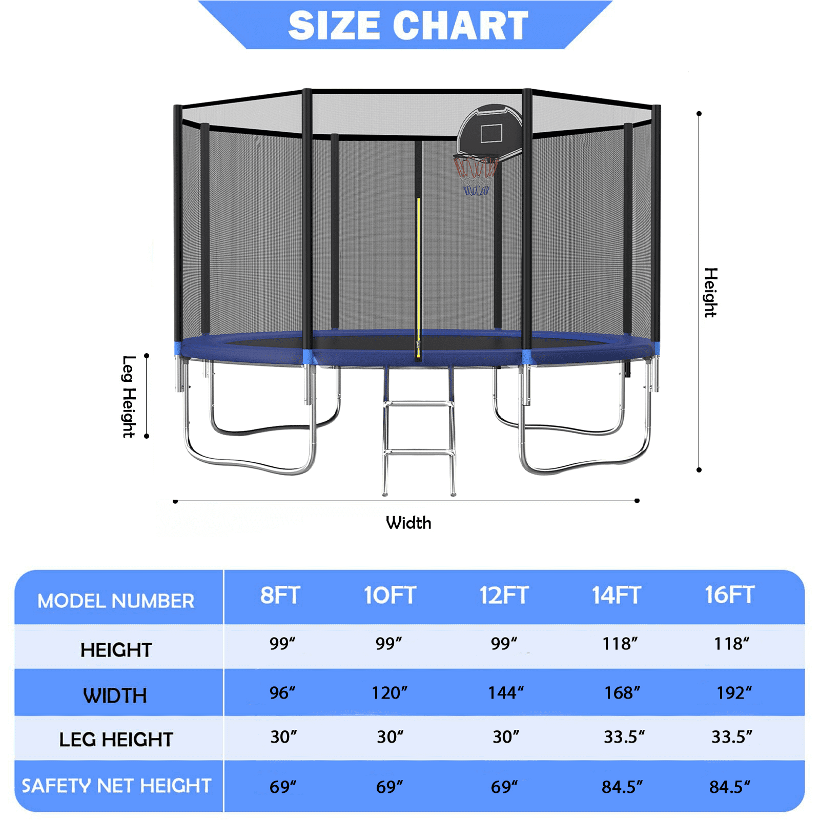 12FT Outdoor Trampoline with Basketball Hoop and Ladder for Kids and Adults，Heavy Duty Recreational Trampoline with Safety Enclosure,Anti-Rust Frame,Backyard Trampoline for Gift,Blue