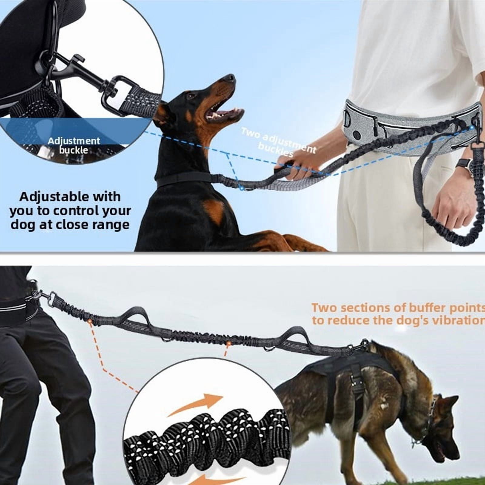 Hands Free Dog Leash for Dogs & Multi-Function Pockets,Adjustable Waist Belt Leash for Dog Walking-Leashes for Medium & Large Breeds-Pouch,Outdoor training Leash, Retractable Bungee,Padded Handles