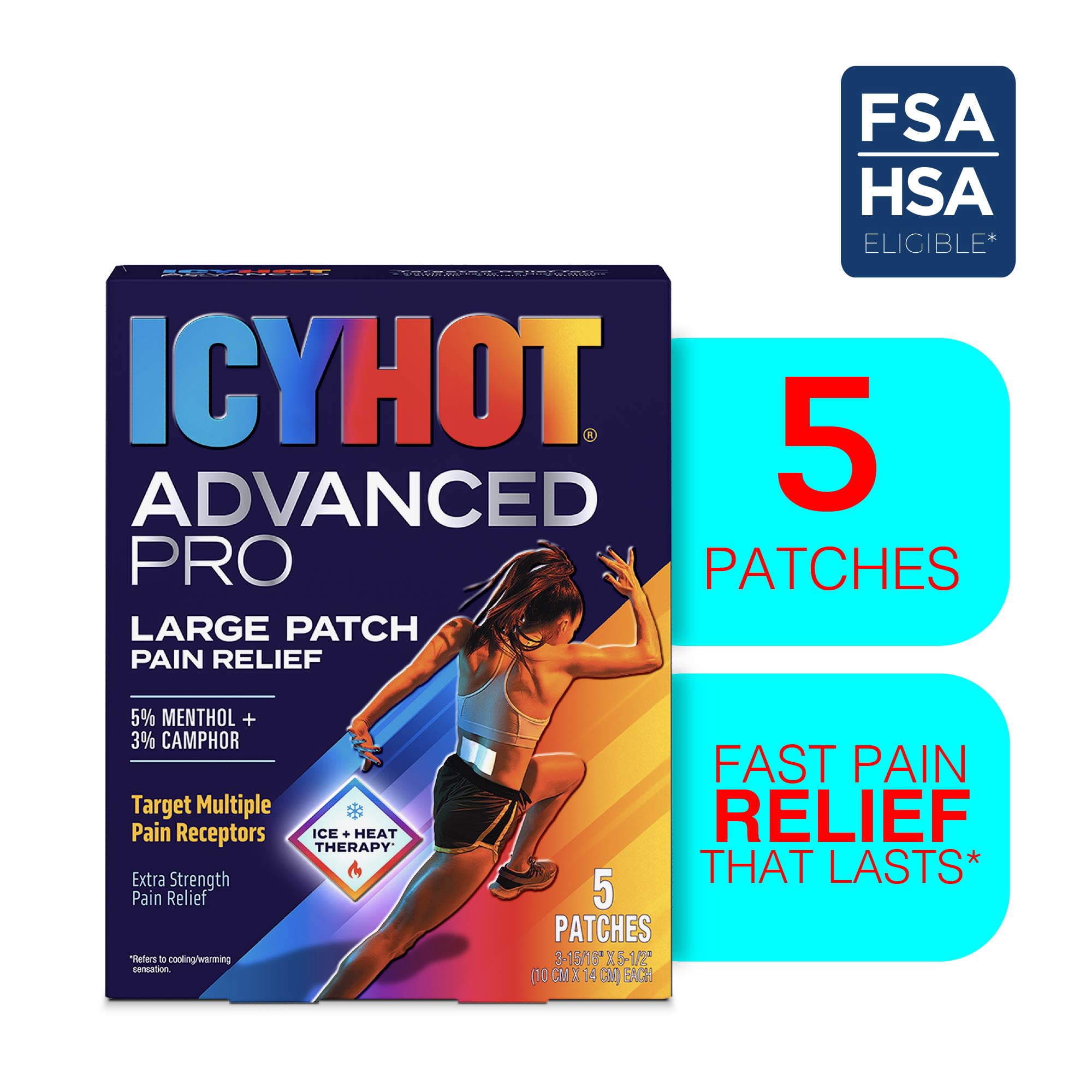 Icy Hot Advanced PRO Pain Relief Patches, Extra Strength With Menthol 5% and Camphor 3%, Fabric Patch for Backaches, Neck, Shoulder, Knee, Elbow, Ankle and Leg, Muscle Strains and Arthritis, 5 ct.