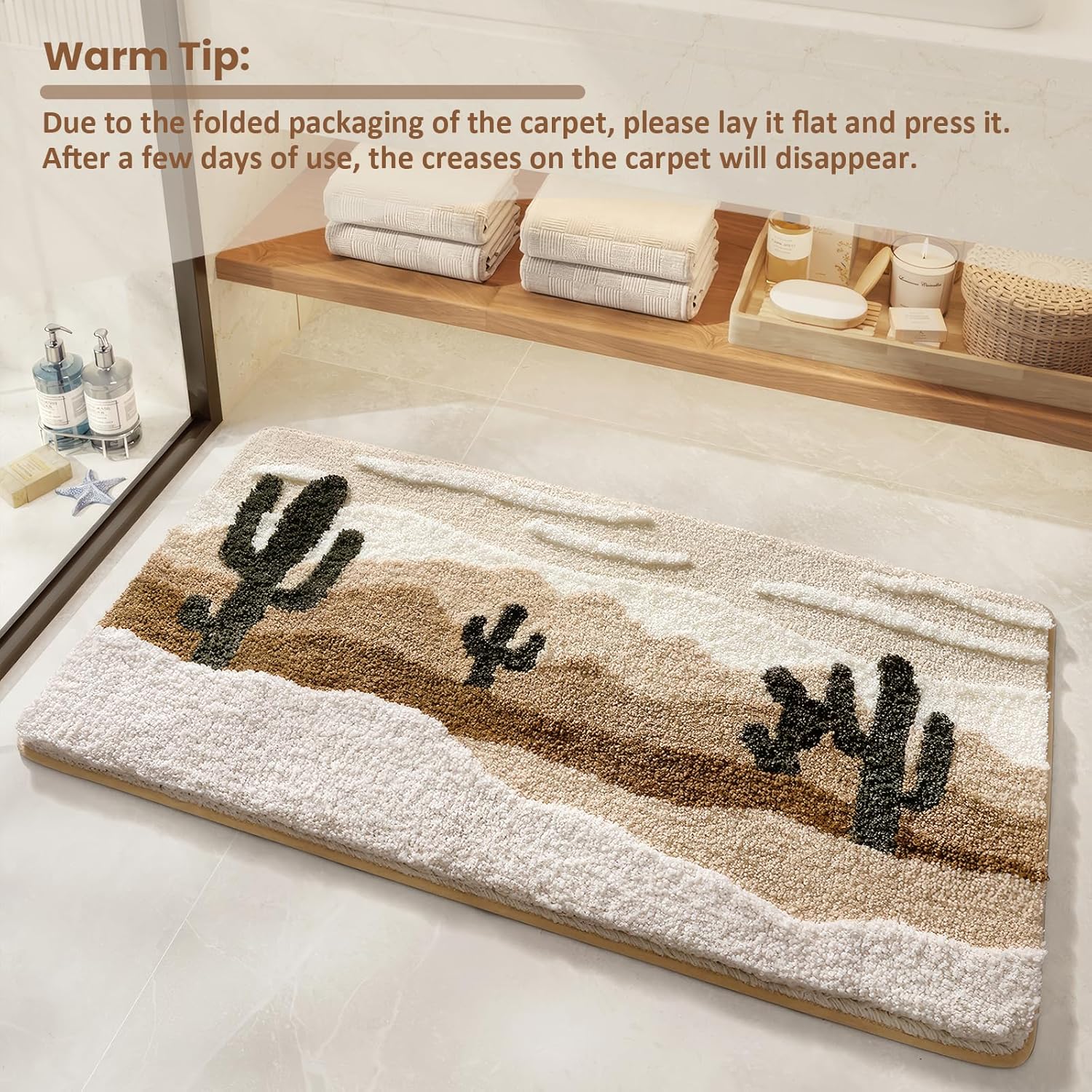 Bathroom Rug Mat, Yellow Desert Cactus Bath Mat with Soft & Non-Slip, Ultra Absorbent Microfiber Shaggy Door Mat, Quick Dry Bath Rug Carpet for Toilet Bathtub Bedroom 20x31 Inch