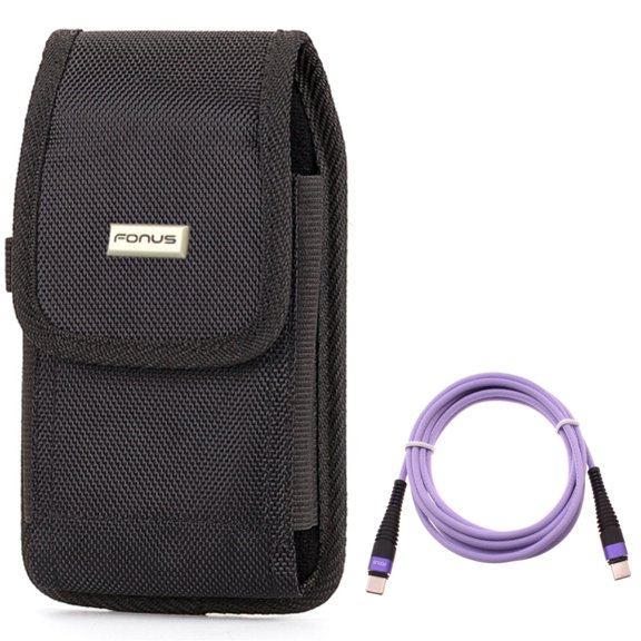 Type-C to USB-C Purple 6ft PD Cable w Rugged Case Belt Clip for Samsung Galaxy A73 5G,A53 5G,A33 5G,A13 5G,A03s Phones - Long Charger Cord Power Wire Sync, Holster Canvas Cover Pouch