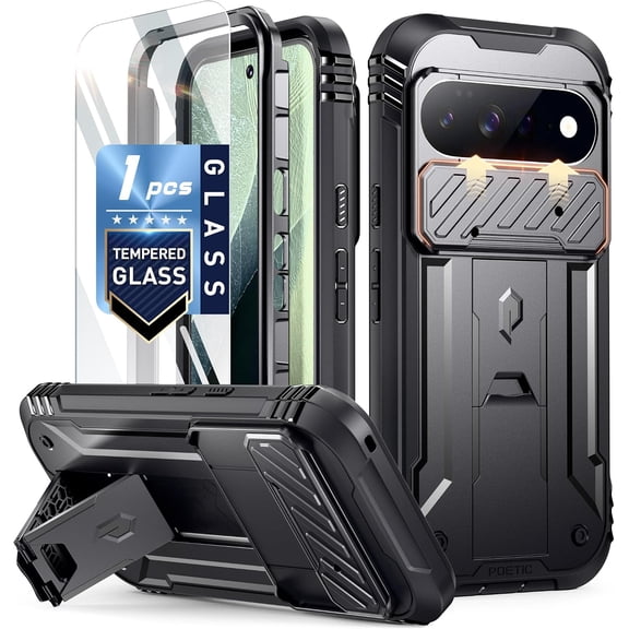 Poetic Revolution for Google Pixel 11 Pro XL Case, [Slide Camera Cover], [Tempered Glass Screen Protector], Full-Body Dual-Layer Shockproof with Kickstand, Black