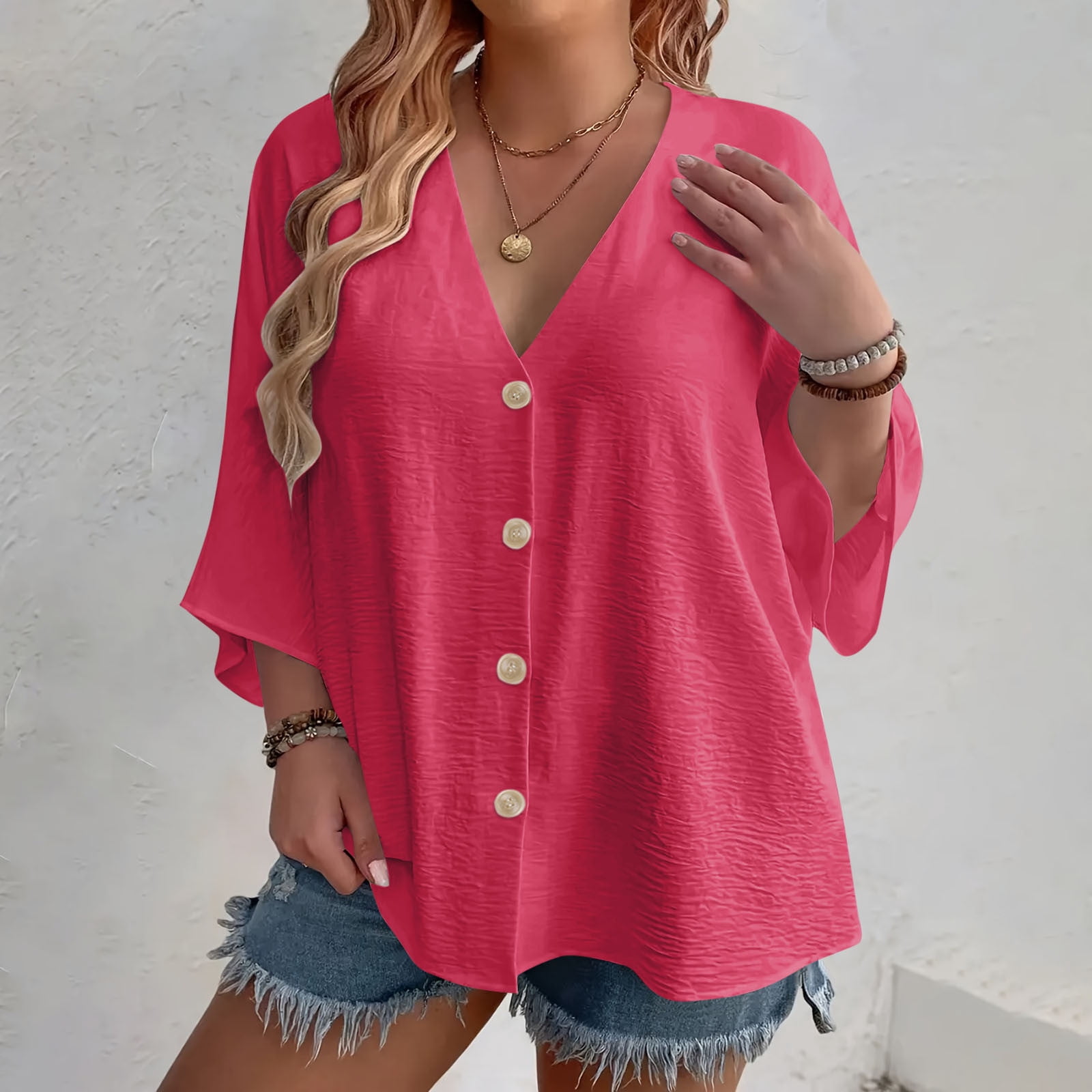 Button-Down Shirts for Women Plus Size L-4X Lightweight 3/4 Sleeve Blouses Tops Womens Casual Solid Color Loose V Neck Beach Cover Ups Tees Top