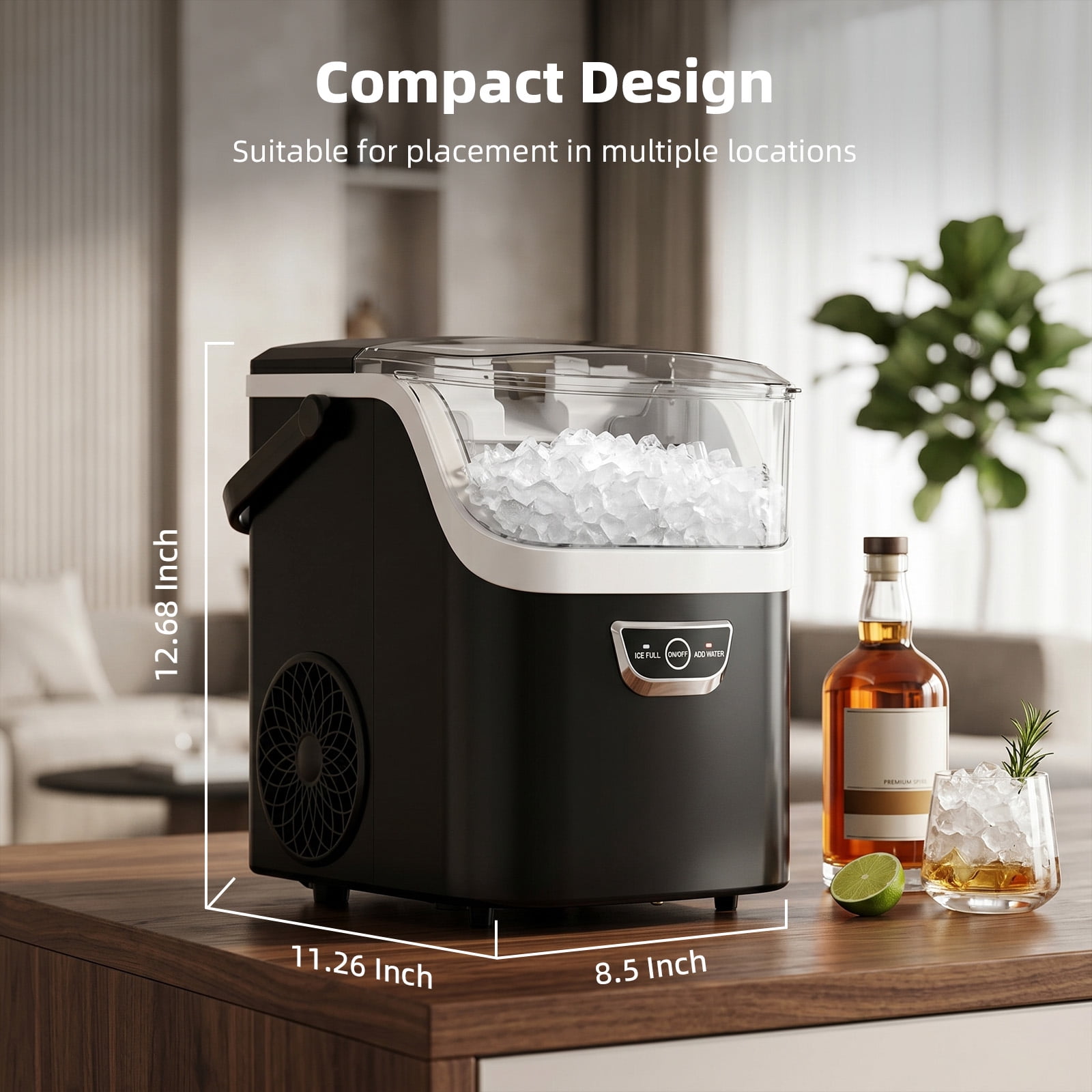 FREE VILLAGE Nugget Ice Maker Countertop,Portable Ice Machine with Carry Handle,Chewing Ice 35 lbs Per Day,Fast Making in 6 Mins,Auto-Cleaning,with Basket and Scoop,for Home,Kitchen,Camping,RV-Black
