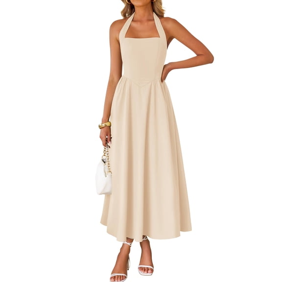 Vestido ZESICA Summer Halter Halter Midi 2025 Beach Apricot