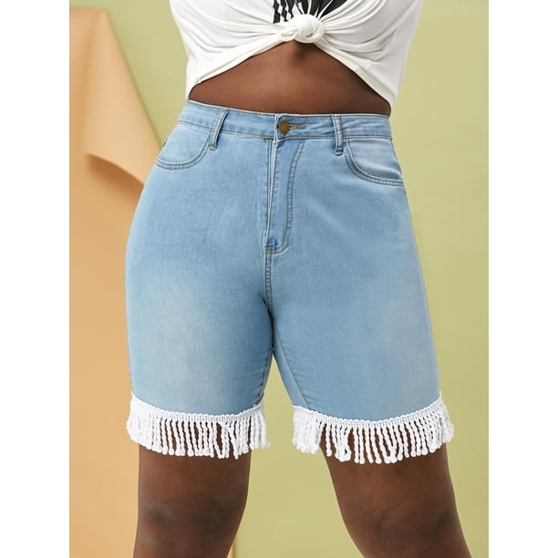 Frenos trenzados Denim Plus Tamaño Bermudas Shorts Rosegal Pantalones cortos de talla grande