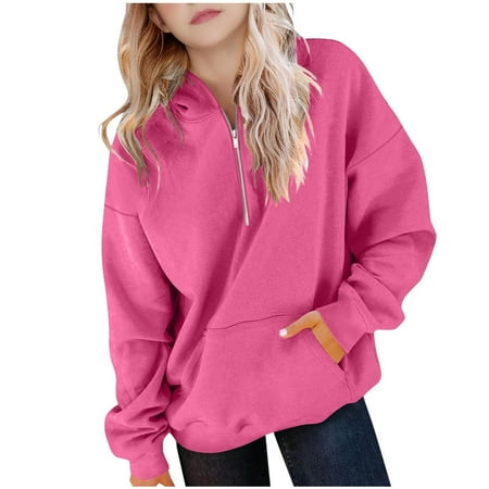 IVEYRTF Childrens Hooded Half Zip Long Sleeve Sweatshirt with Pockets Solid Color Pullover Tops for Boys and Girls Midweight Top for Play and Casual Wear(Hot Pink 7-8 Years)