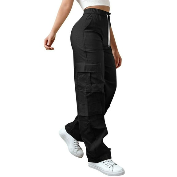 Mohiass Cargo Pants Women Elastic High Waisted Pants Wide Leg Baggy Casual Trousers Hiking Streetwear Trousers with Pockets Black L
