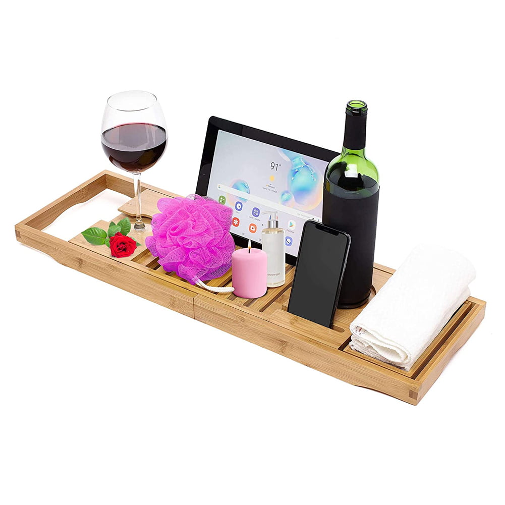 Bed Bathroom Bamboo Bathtub Rack Bath Caddy Wine Glass Holder Tray Over Bath Tub 