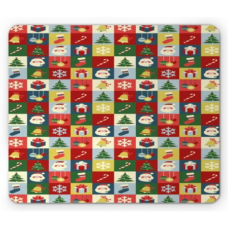 Christmas Mouse Pad, Xmas Theme Santa Claus Surprise Boxes Cones Jingle Bells Tree Ornaments in Boxes, Rectangle Non-Slip Rubber Mousepad, Multicolor, by