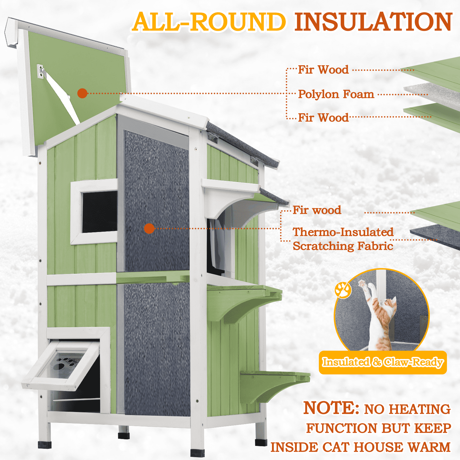 PETSCOSSET Insulated Cat House Outdoor Weatherproof All-Round Insulation Two Story Outside Wooden Feral Cat Shelter, Green