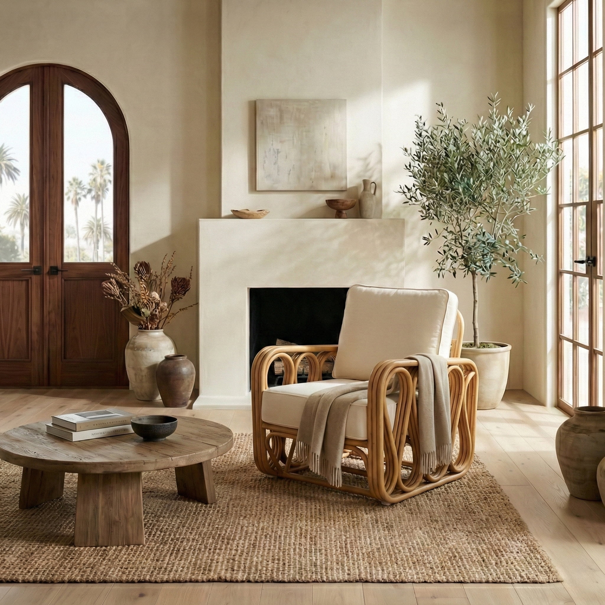 Safavieh Couture Malina Rattan Pole Modern Accent Chair, Natural/White
