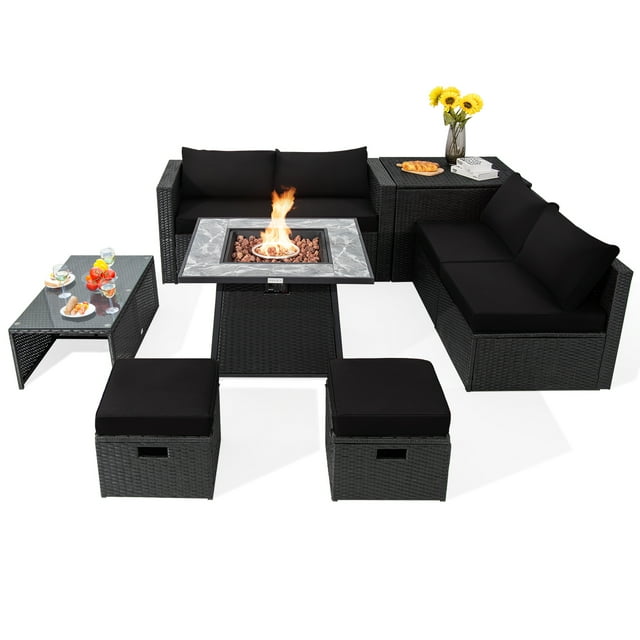 Patiojoy Ensemble de Salon de Jardin 9 Pcs en Rotin Synthétique avec Table Foyer au Gaz de 89 cm (35 Pouces), Gain de Place, Coffre de Rangement Inclus, Noir