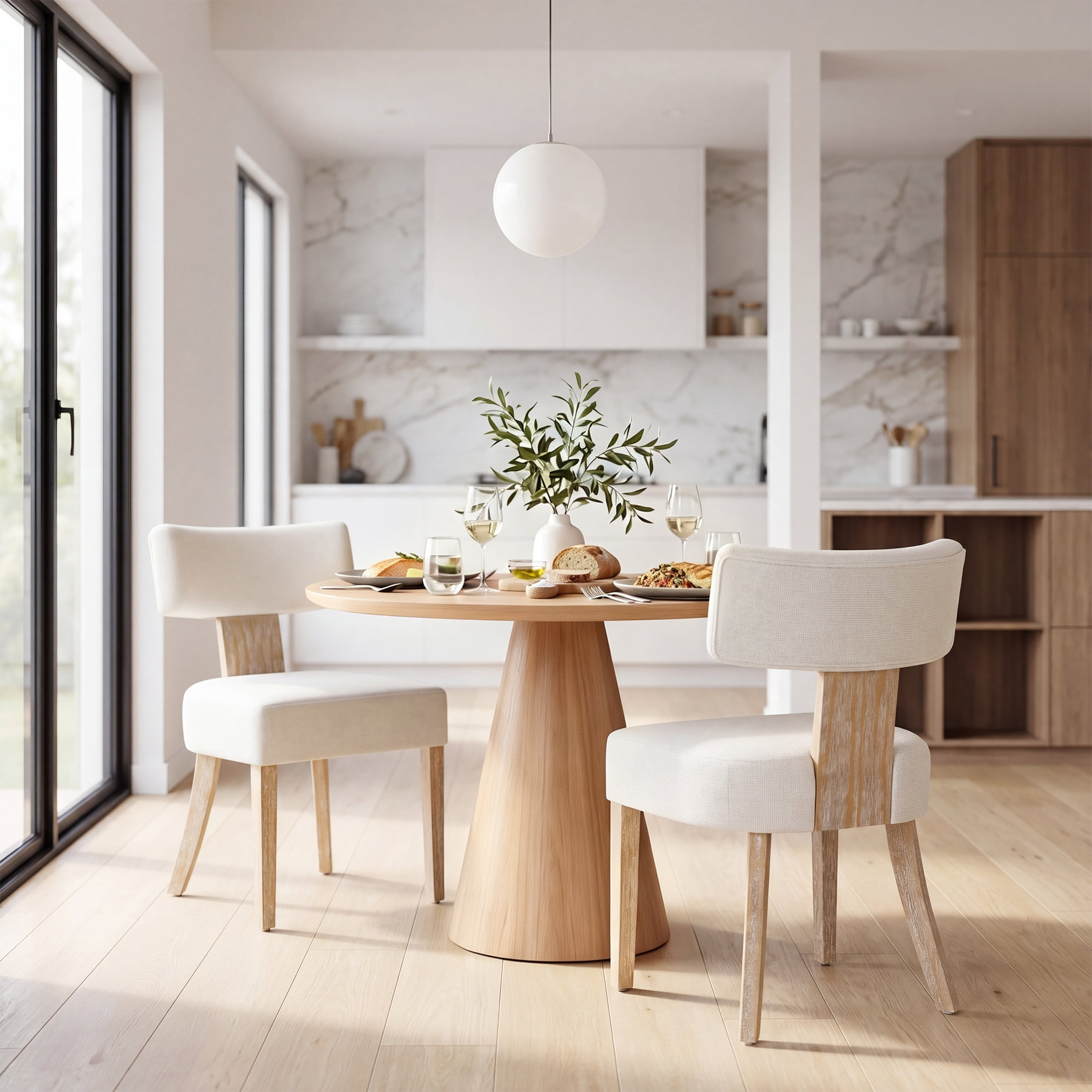 Prilinex Upholstered Dining Chairs Set of 2, Farmhouse Kitchen Side Chairs with Curved Backrests & Wider Cushion, Solid Wood Legs, Mid Century Modern for Dining Room Restaurant Home, Beige