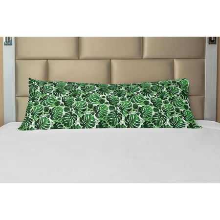 Tropical Body Pillow Case Cover with Zipper, Green Tones Exotic Monstera Leaves Pattern with Splashed Paint Effect Print, Decorative Accent Long Pillowcase, Multicolor, by