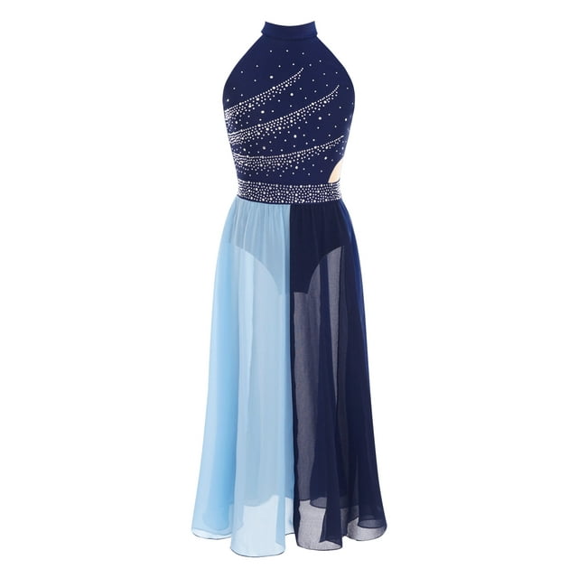 Rswnyirn Robe de Danse Lyrique pour Filles à Blocs de Couleur en Chiffon Fluide Justaucorps de Ballet Moderne Tenue de Danse Bleu Marine 14