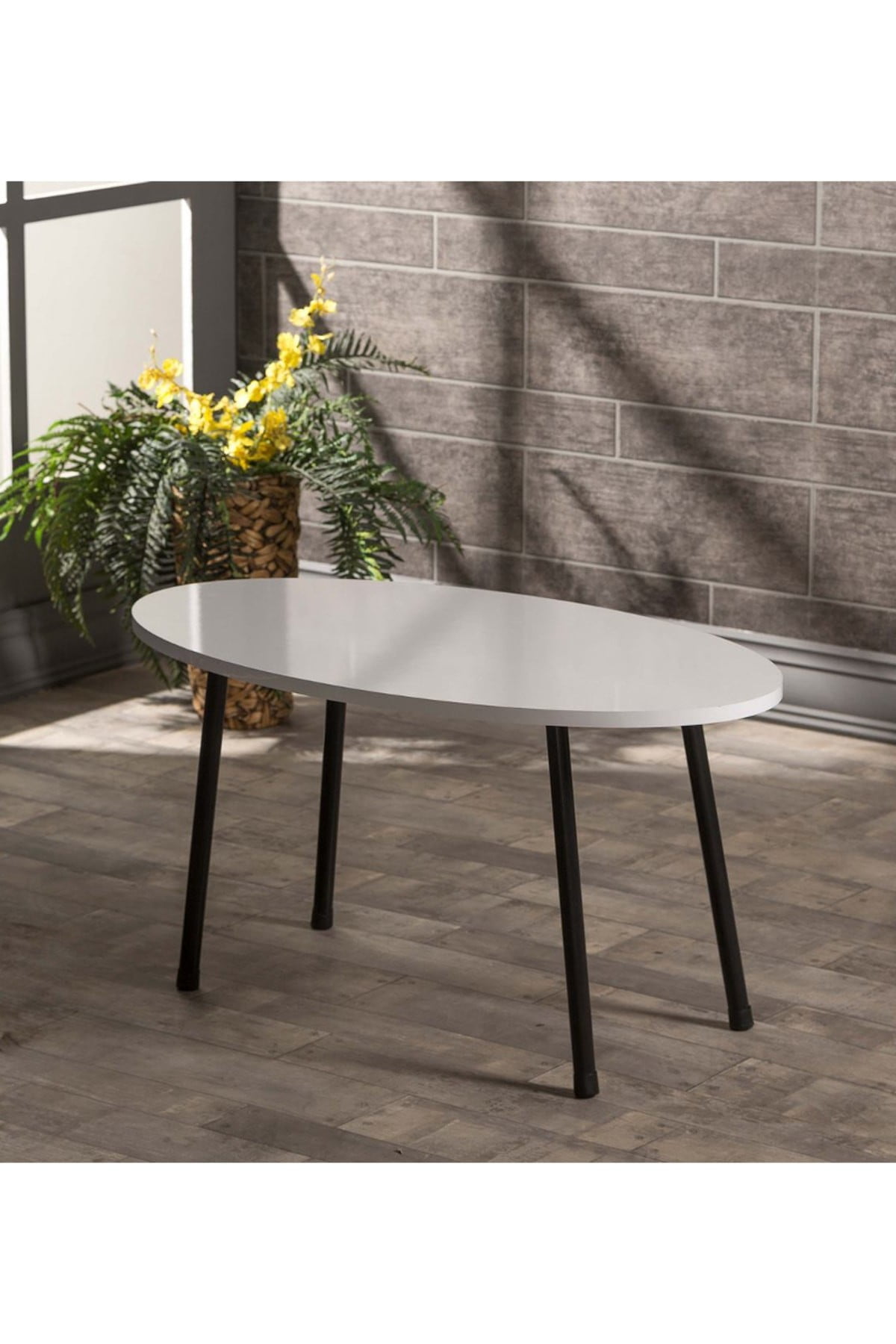 White Oval Coffee Table with Black Metal Legs,Modern Style Coffee Table
