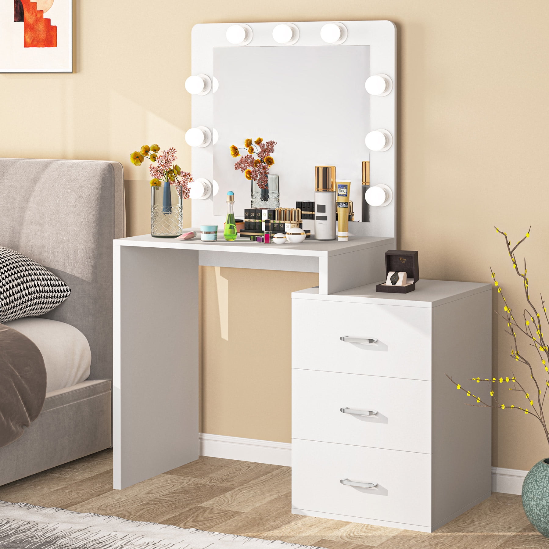 Tribesigns Large Vanity Table With Mirror 9 Light Bulbs Makeup Dressing 3 Storage Drawers Modern Dresser Desk For Women Girls Bedroom Bathroom Use Com Tribesigns Large Vanity Table With, How To Clean Dressing Table Mirror