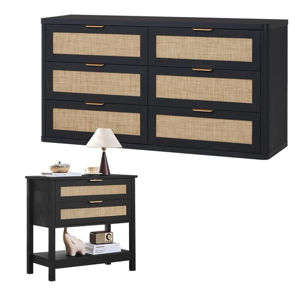 LEYAOYAO Rattan Dresser and Nightstand Set of 2, 48" Wide 6 Drawer Dresser and 2 Drawer Nightstand with Open Shelf, Bedroom Furniture, Black