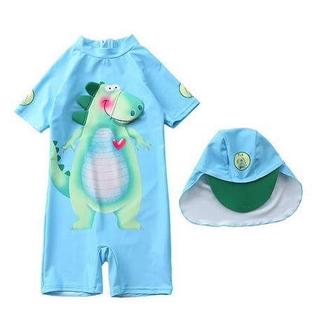 

Esho 1-7T Toddler Boys Rashguard Kids Short Sleeve Cartoon Dinosaur One-Piece Swimsuit with Sun Hat