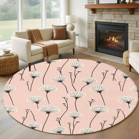 Pink Spring Floral Round Area Rug 5 FT Non Slip Bedroom Rugs Watercolor Botanical Summer Washable Soft Circular Carpet Non-Shedding Floor Mat for Kitchen Dining Room Foyer Balcony Dorm
