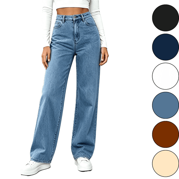 VALSEEL Womens Jeans High Waist Wide Leg Jeans with Pockets Straight Stretch Zip‑Fly Wrinkle Resistant For Daily Casual Wear Blue
