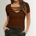 thumbnail image 2 of MIXUE Womens Summer Tops Solid Color Sexy Deep V Neck Hollow Out Short Sleeve Casual T-shirts Holiday Wear,Brown,XXXL, 2 of 5
