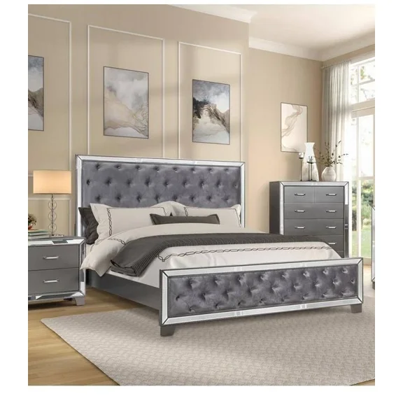 Upholstered California King Size Platform Bed Frame, Tufted Headboard and Footboard Mirror Trim, Silver