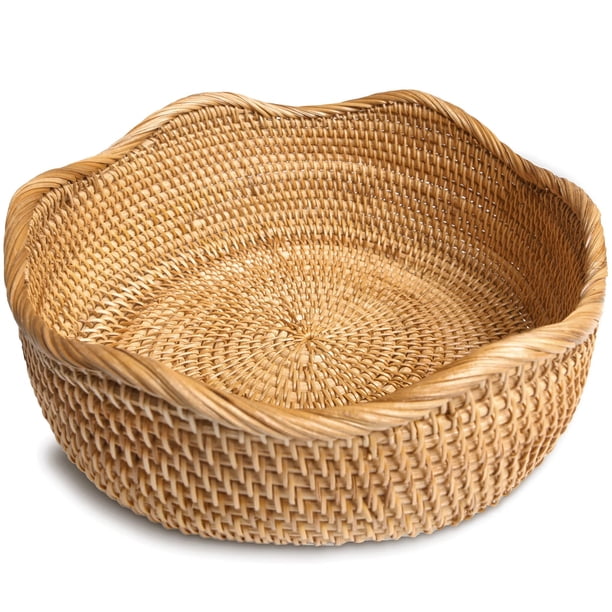 HITOMEN Cestas de pan de ratán hechas a mano, redondas de mimbre para servir frutas, cuencos de almacenamiento, tejido natural, decorativo, organizador de mostrador de cocina (marrón miel) M-10.2''
