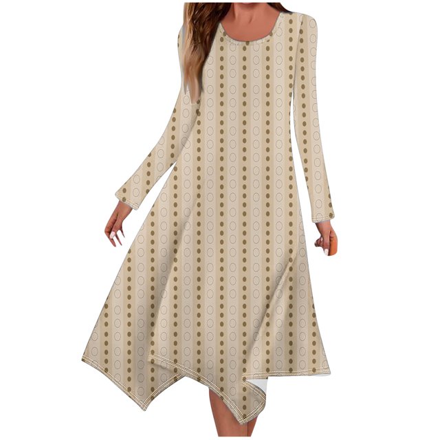 Long Dress with Sleeves,Summer Casual Dress,Ladies Fashion Printed Long Sleeved Round Neck Casual Irregular Dress