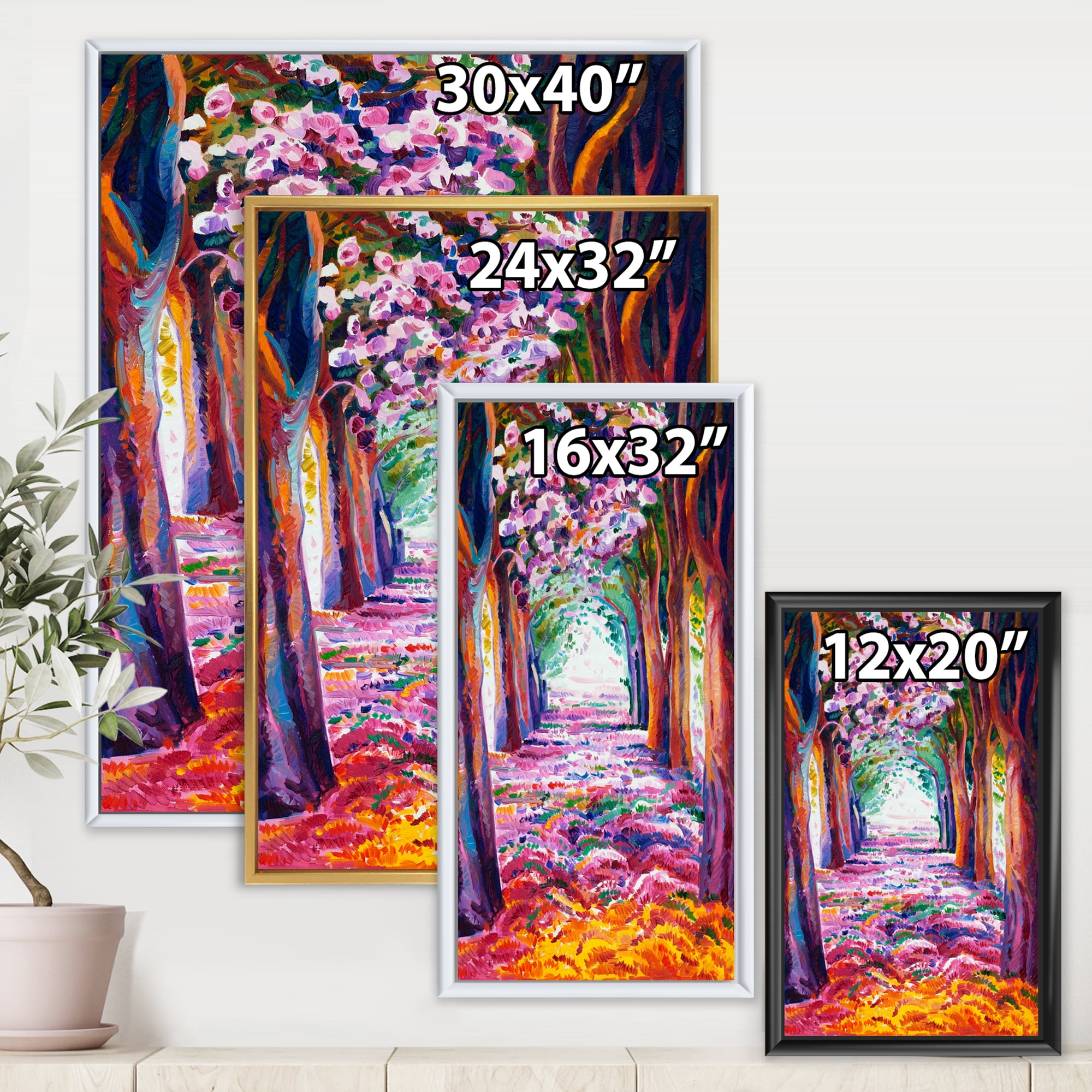 Designart 'Pink Flowering Colorful Spring Forest' Lake House Framed Canvas Wall Art Print