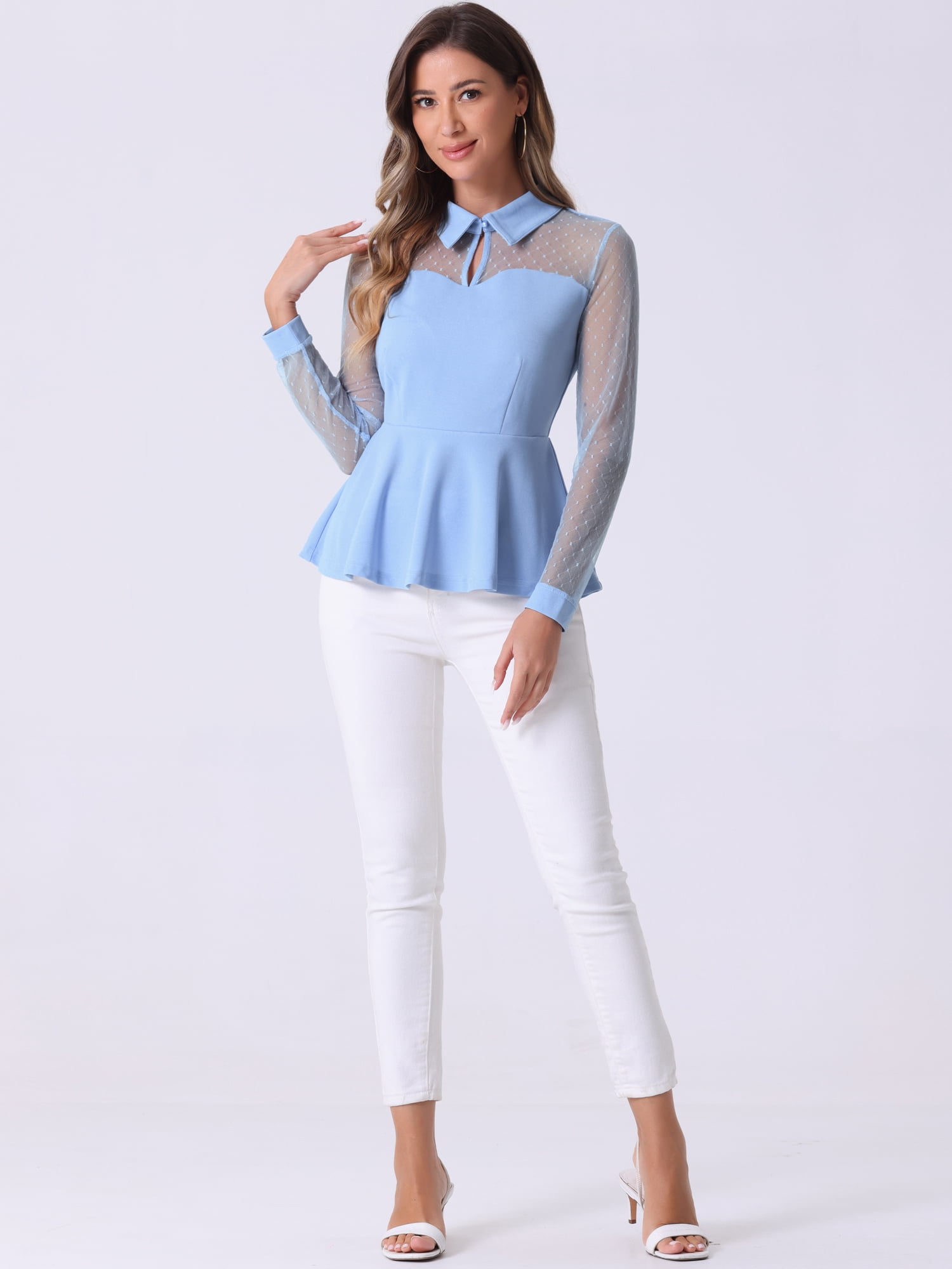 DARING DIVA Mesh Sheer Keyhole Peplum Top S Light Blue