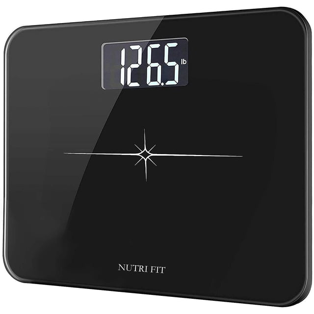 Báscula digital de baño NUTRI FIT extra ancha y ultra gruesa con pantalla LCD retroiluminada de 3 pulgadas y fácil lectura. Capacidad máxima: 400 lb. Tecnología de pedaleo. Color negro.