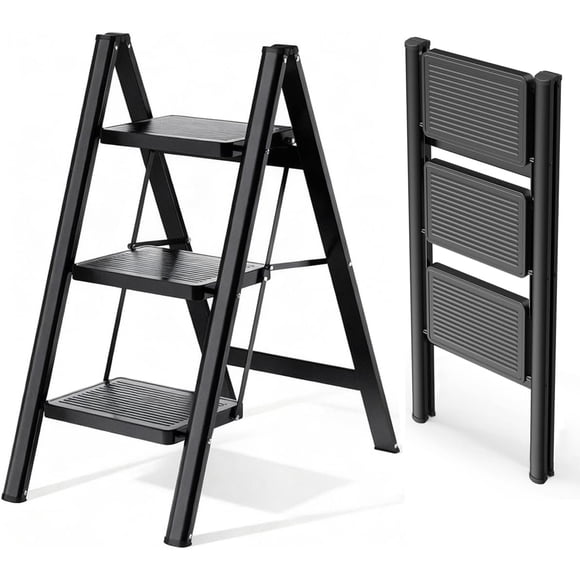 3 Step Ladder Folding Step Stool Black with Wide Anti-Slip Pedals,Aluminum Portable Lightweight Ladder for Home, Kitchen, Office,330Ibs