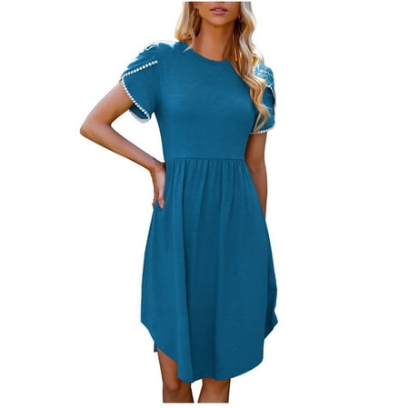 

Juebong Sexy Women s Fashion Petal Sleeve Short Sleeve Solid Round Neck A-Line Ladies Mini Dress