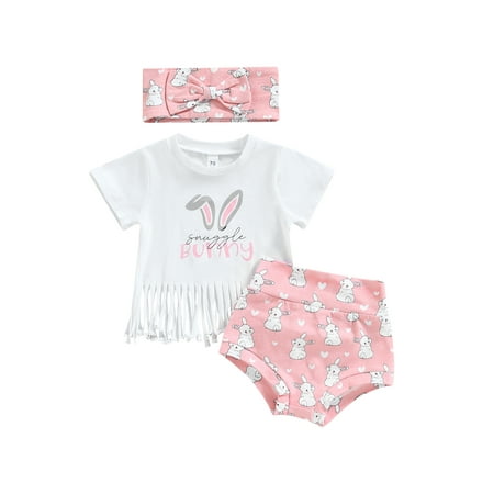 

Infant Toddler Baby Girl Easter Outfits Short Sleeve Tassel T-Shirt + Rabbit/Cow Print Shorts Bloomers + Headband 3Pcs Set