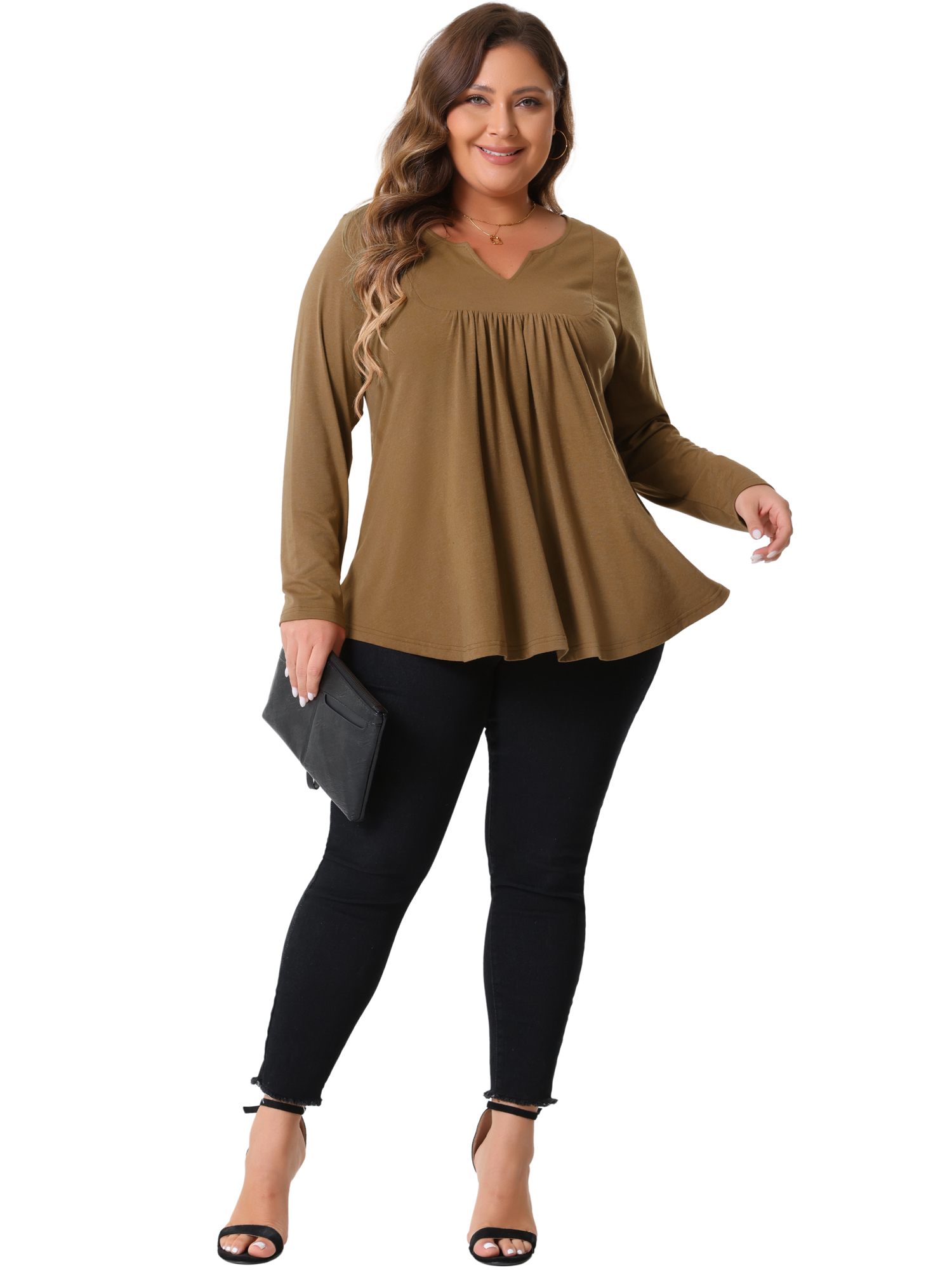 DARING DIVA Women's Plus Tops Notched Neck Front Pleated T-Shirt Blouses 1X Brown