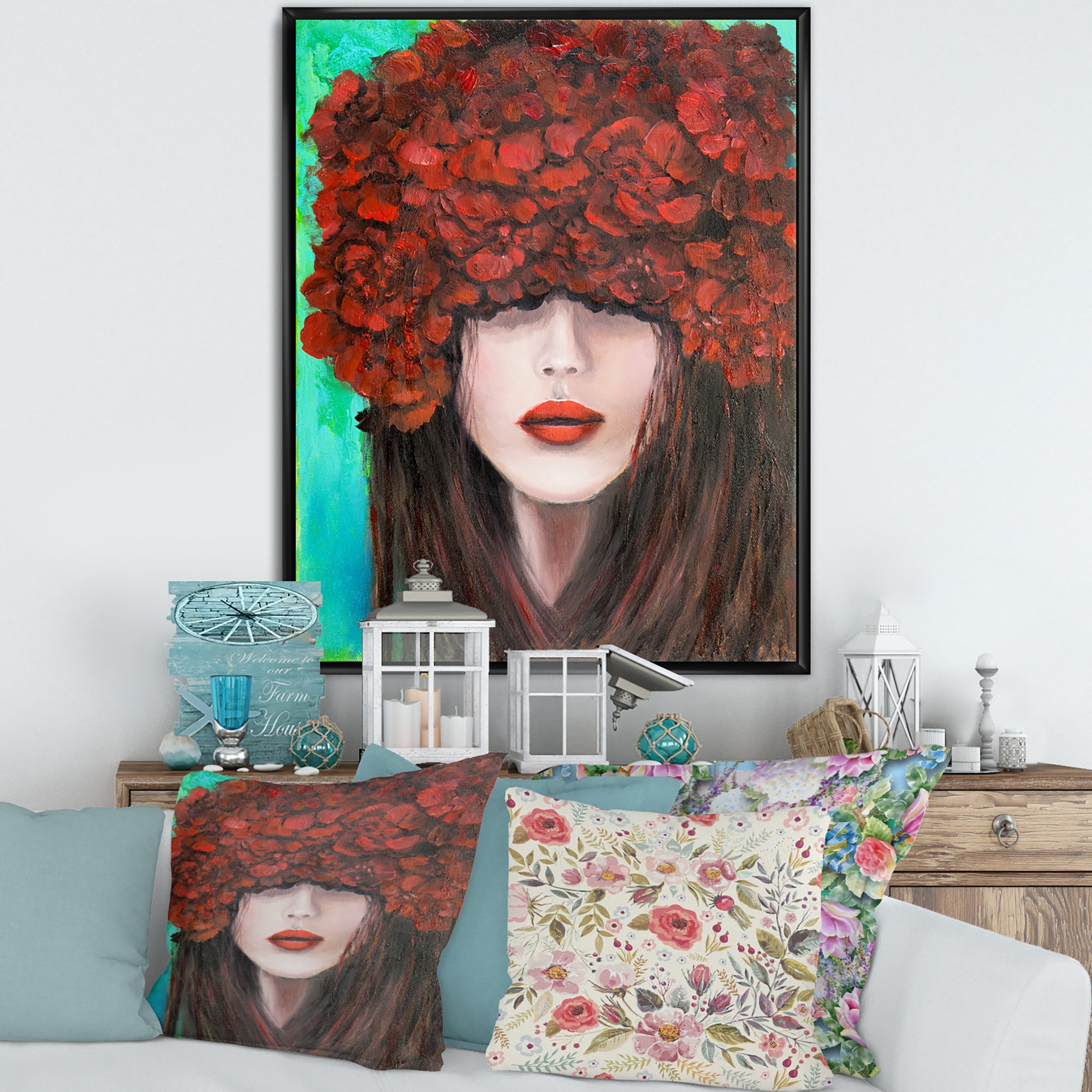 Portrait Of A Young Lady With Red Flowers 16 in x 32 in Framed Painting Canvas Art Print, by Designart