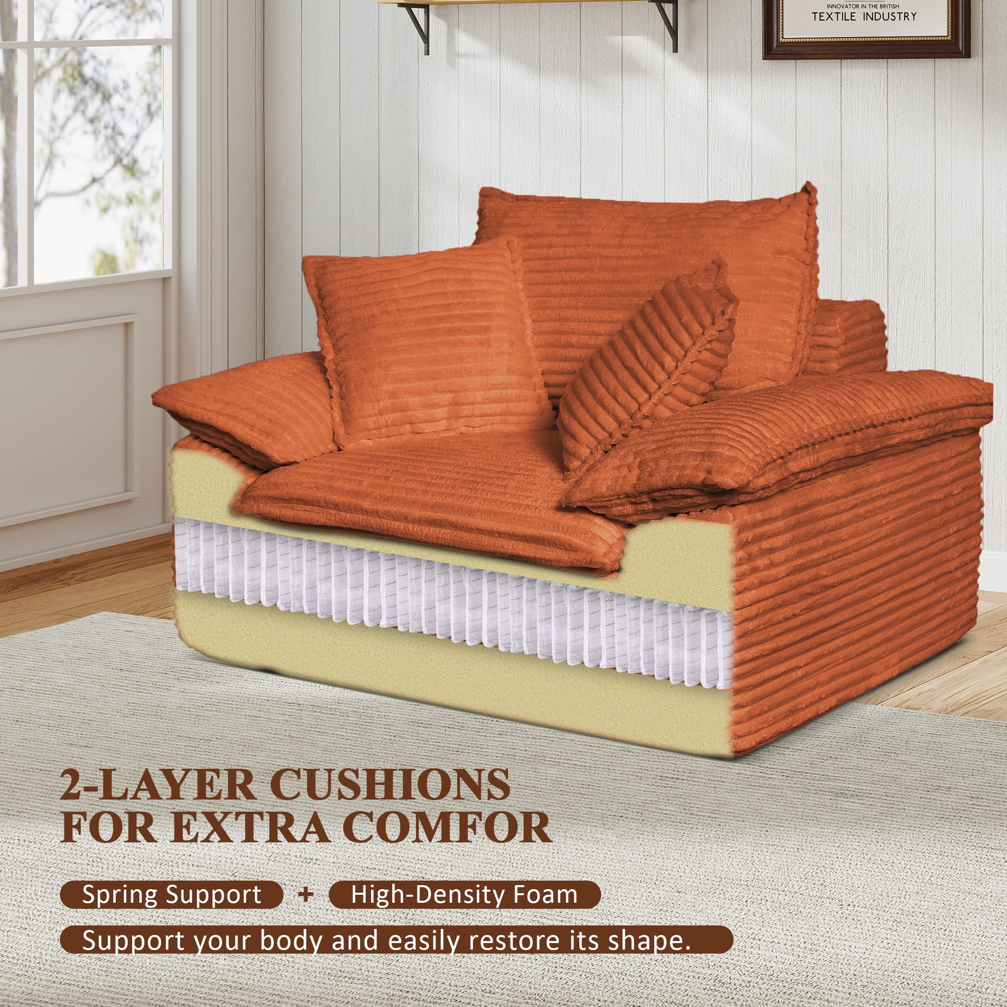 Aukfa 63.5" Oversized Chaise Lounge Sofa with Movable 2-Layer Ottoman, Deep Seat Boneless Couch, Corduroy Lounge Chair, Orange