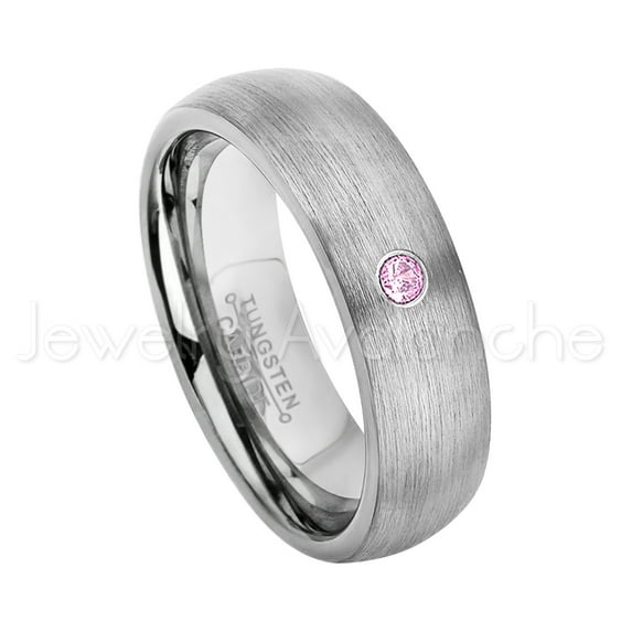 6mm Brushed Dome Tungsten Ring - 0.07ct Solitaire Pink Tourmaline Ring - Personalized Tungsten Wedding Ring - Custom Made October Birthstone Ring TN060BS