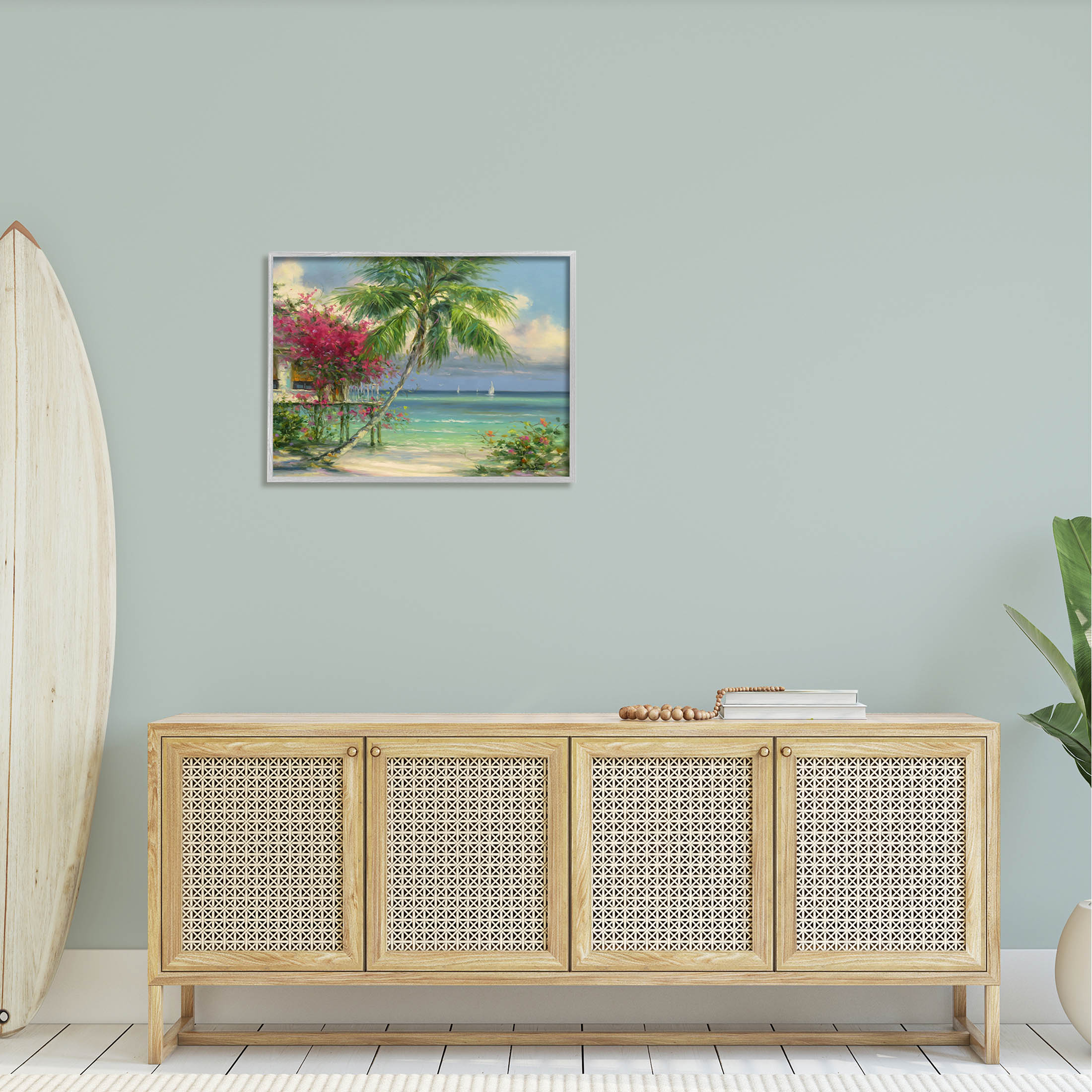 Floral Tropical Summer Vacation Resort Landscape Painting Gray Framed Art Print Wall Art