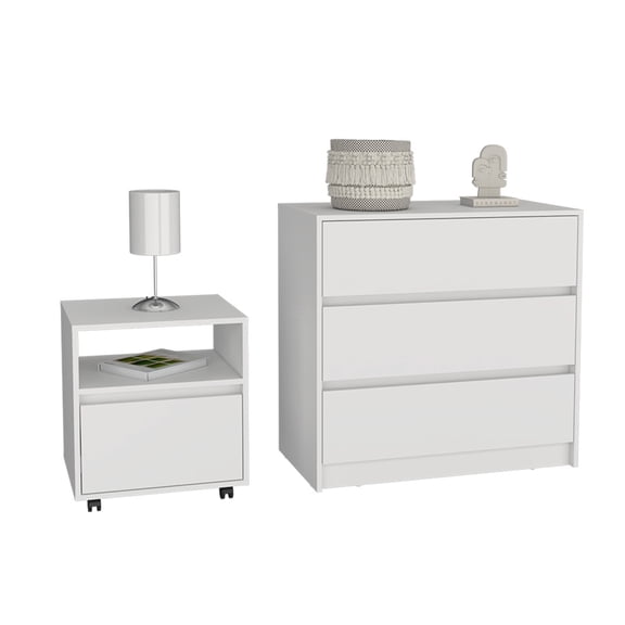 JERFIT White 2-Piece Bedroom Set with Dresser and Nightstand, 4-Drawer Storage, Mobile Design for Bedroom, Guest Room, Living Space