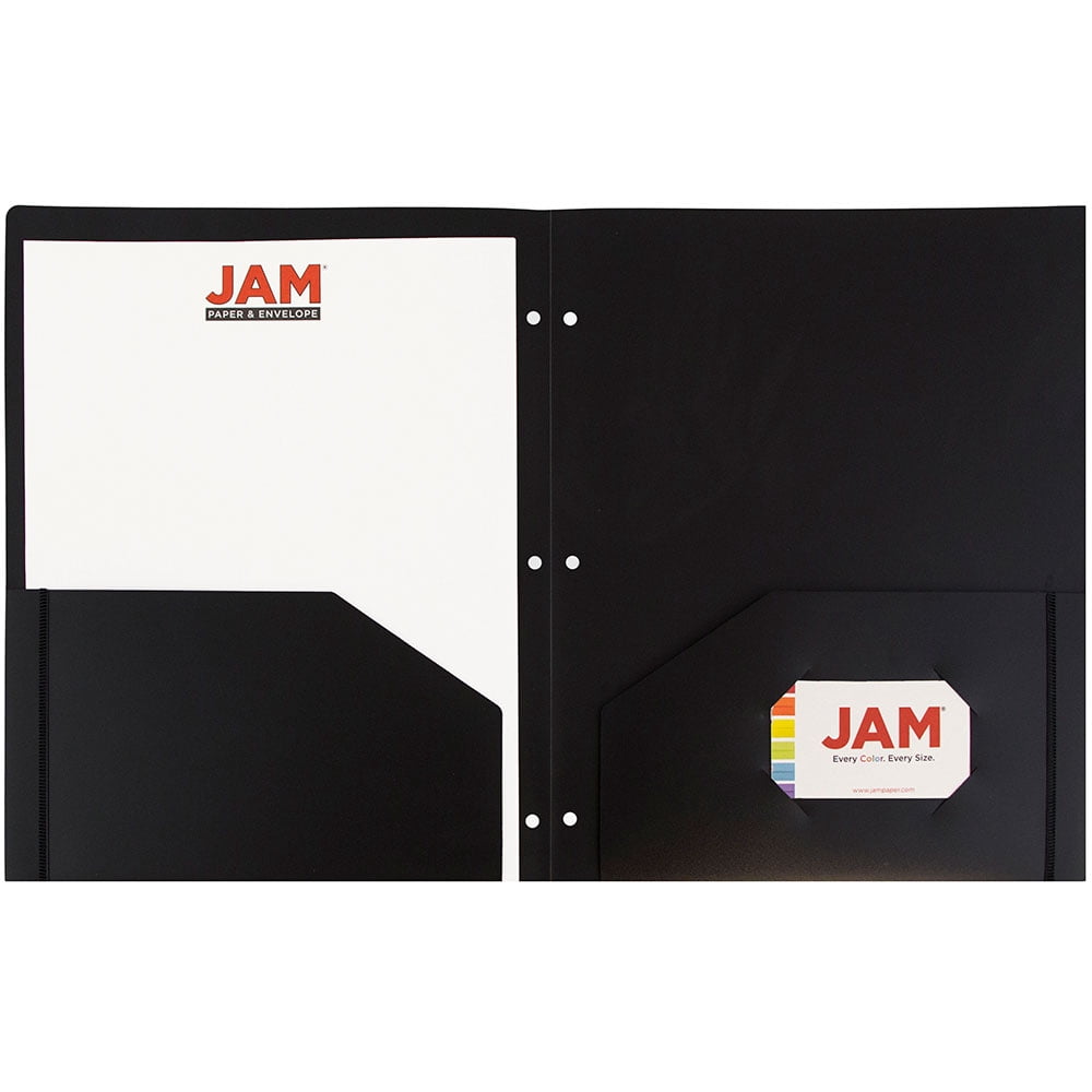 JAM Paper Plastic Two Pocket 3 Hole Punched Presentation School Folder, Black, 108/pack