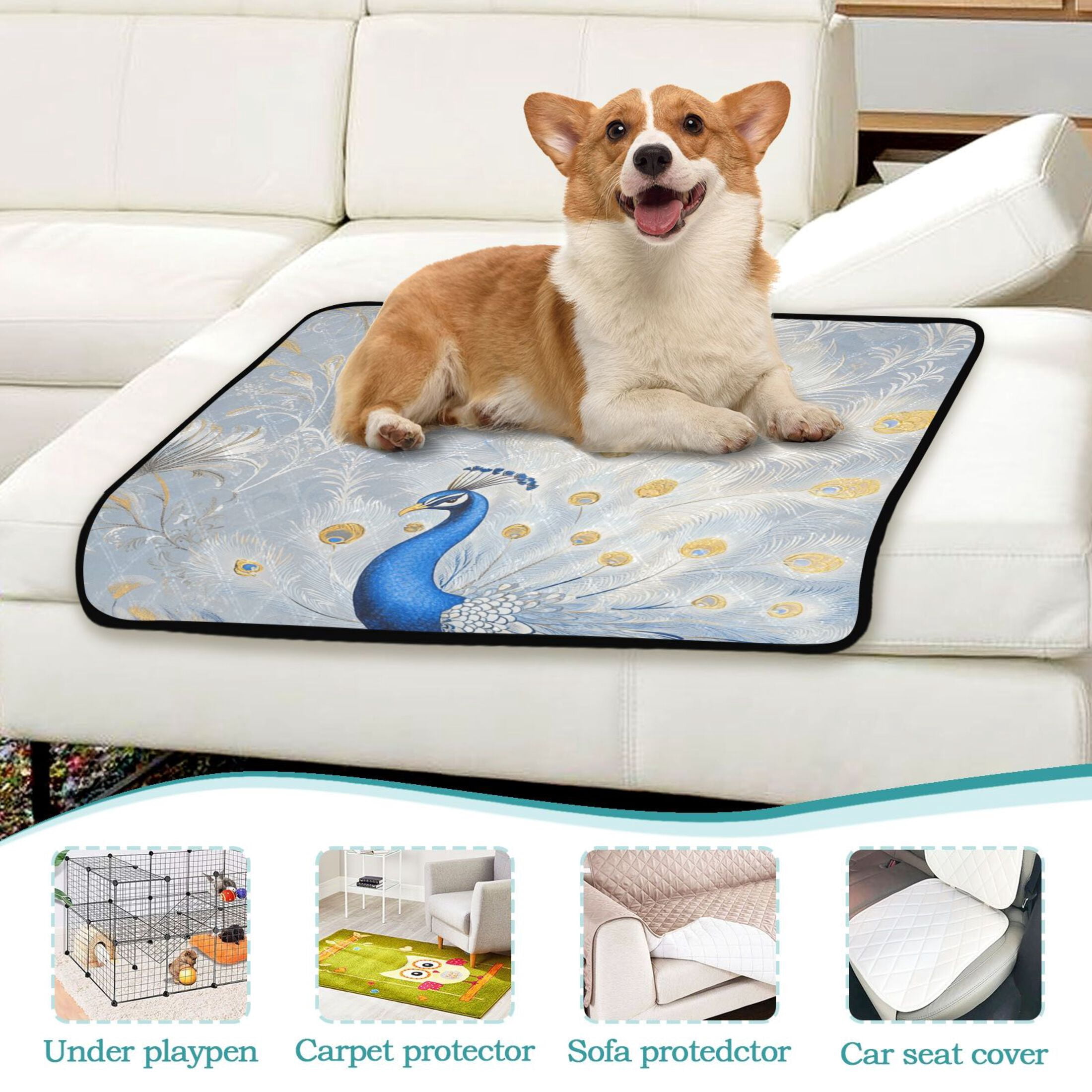 Qxltty Blue Peacock Cat litter Pads Pet Set of 2 Diaper Mats Center Anti-leakage Layer Absorbent Soft and Comfortable