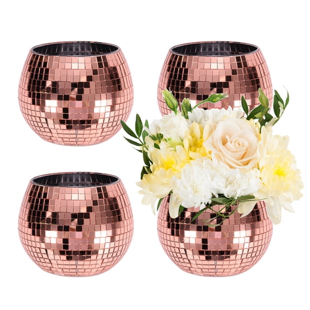 Uxcell Jarrón de Bola de Disco, 4 Piezas de Maceta de Vidrio en Forma de Bola de Disco para Flores 4"x3" Espejo de Champán Mosaico