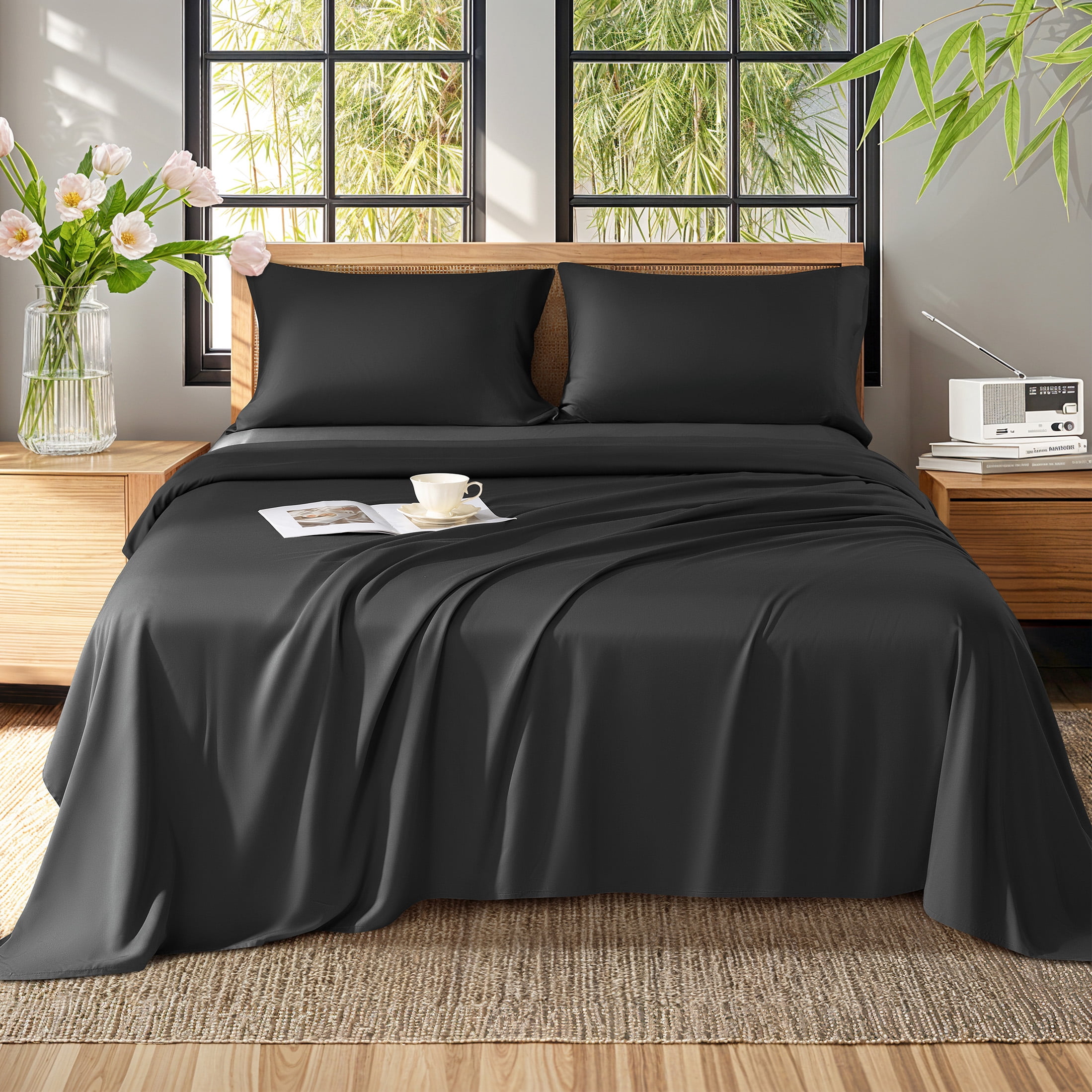 Baauye Cozy Bamboo Sheets Set, 4-Piece Full Sheet Set with 16" Deep Pockets, Soft and Breathable Bed Sheets, Black