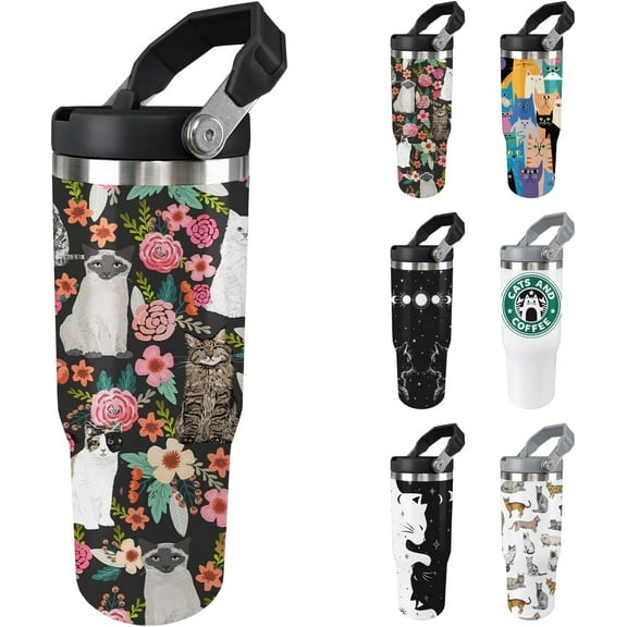 30oz Cat Tumbler with Lid and Straw - Stainless Steel Insulated Cute Water Bottle Cup, Funny and Creative Gift for Women and Girls
